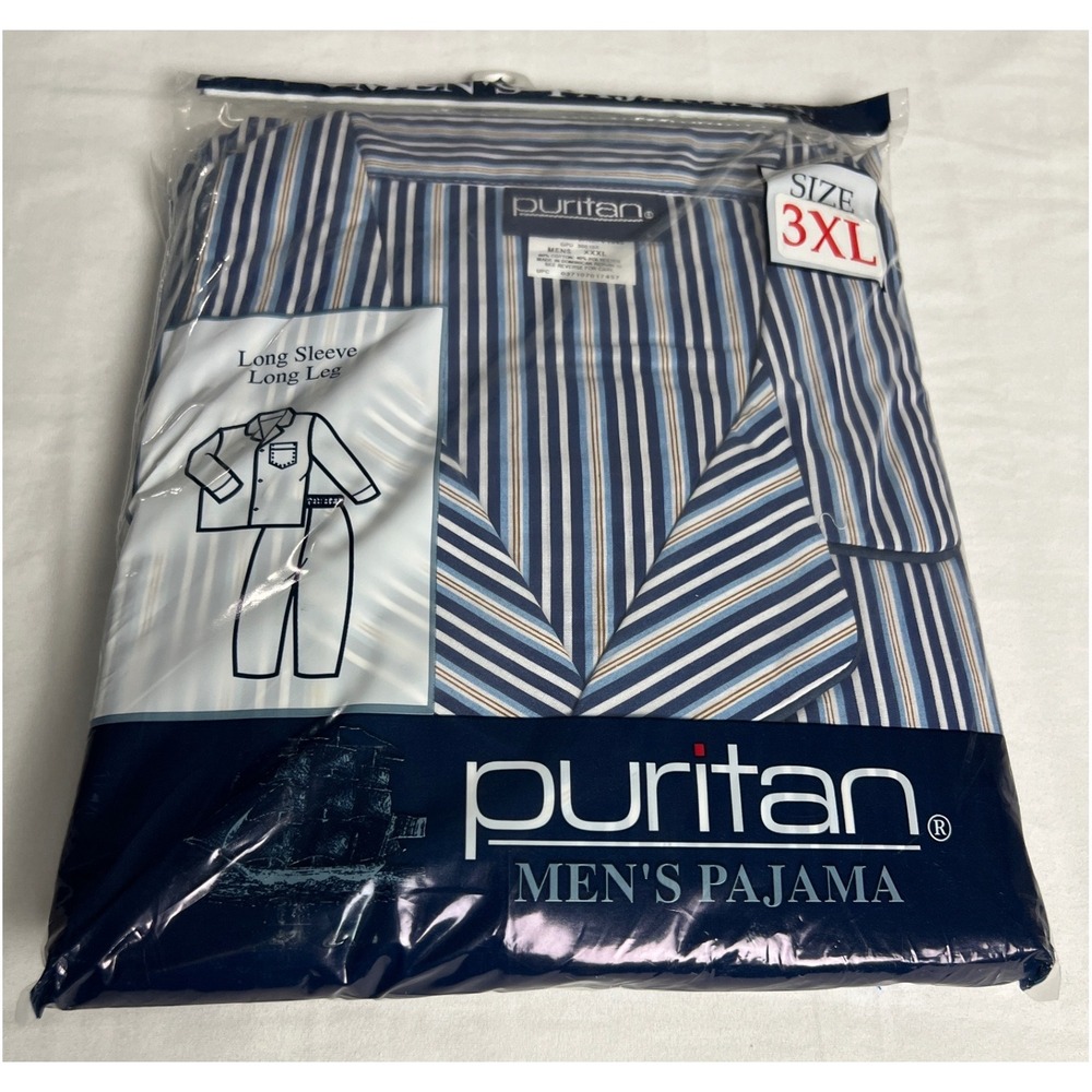 Puritan Pajama Set Men 3XL Blue Striped Long Sleeve Button Front Sleepwear G03